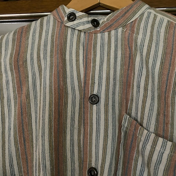 Cotton Collarless Men’s Shirt in Muted Stripes - Picture 4 of 5